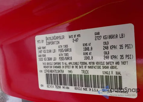 2007 Dodge Dakota Slt z USA, uszkodzony, nr VIN 1D7HE48K47S194764